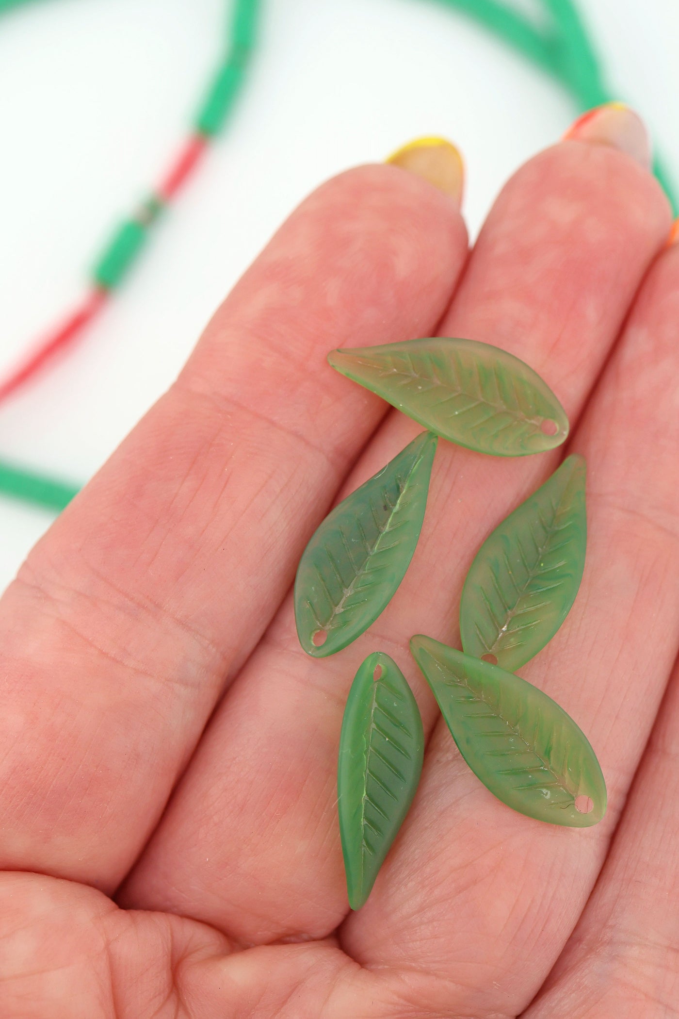 Matte Green Resin Leaves, German Resin Charms, 21x9mm, 5 Beads for making DIY plant jewelry