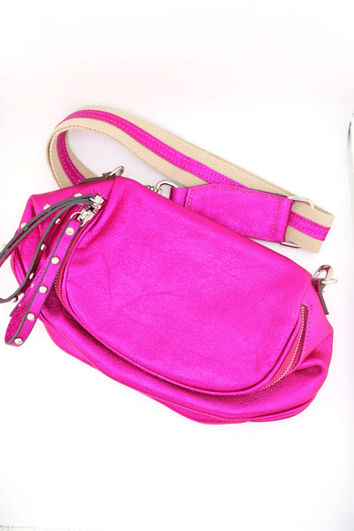 Metallic Fuchsia Crossbody Italian Leather Bum Bag, Genuine Leather