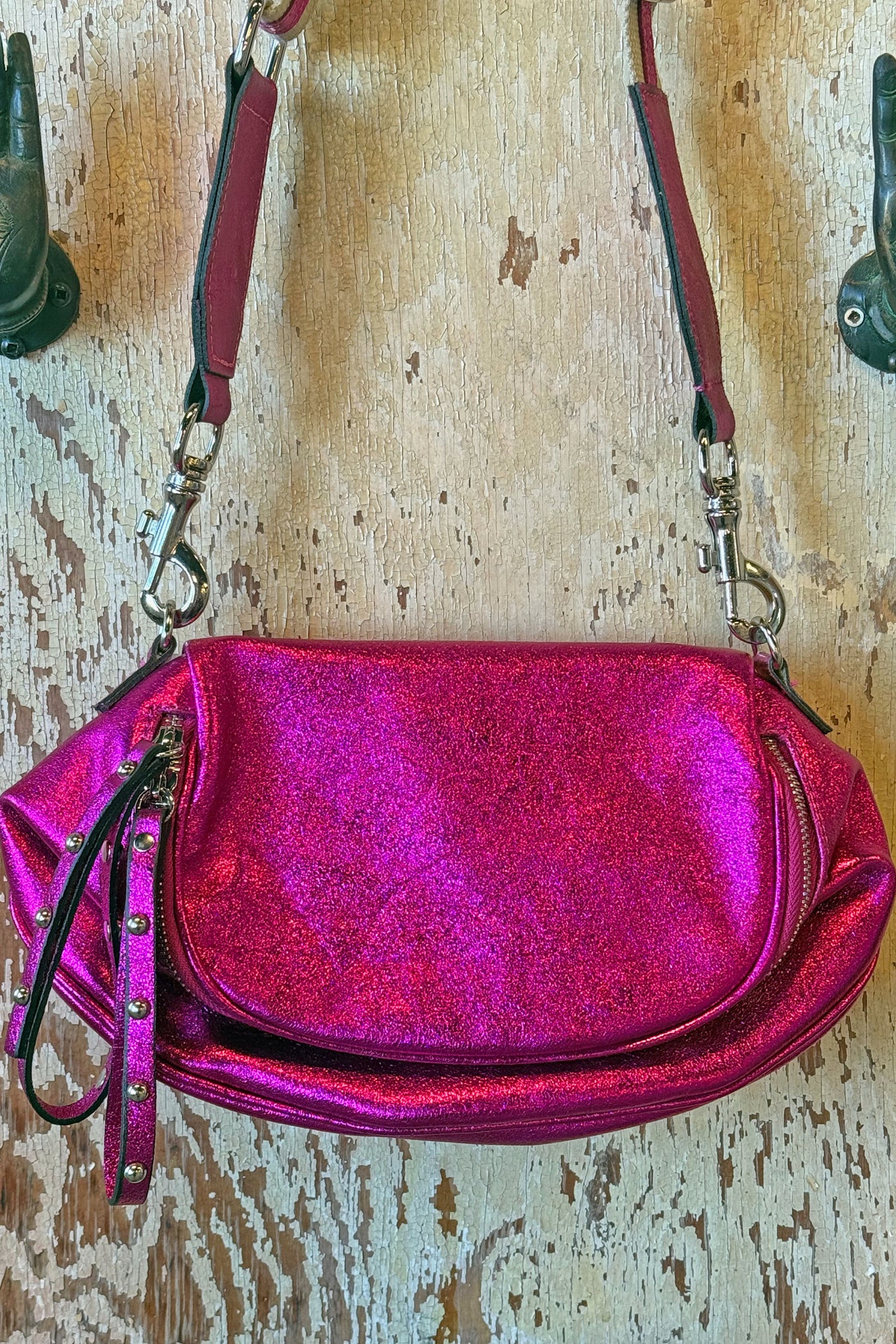 Metallic Fuchsia Crossbody Italian Leather Bum Bag, Genuine Leather