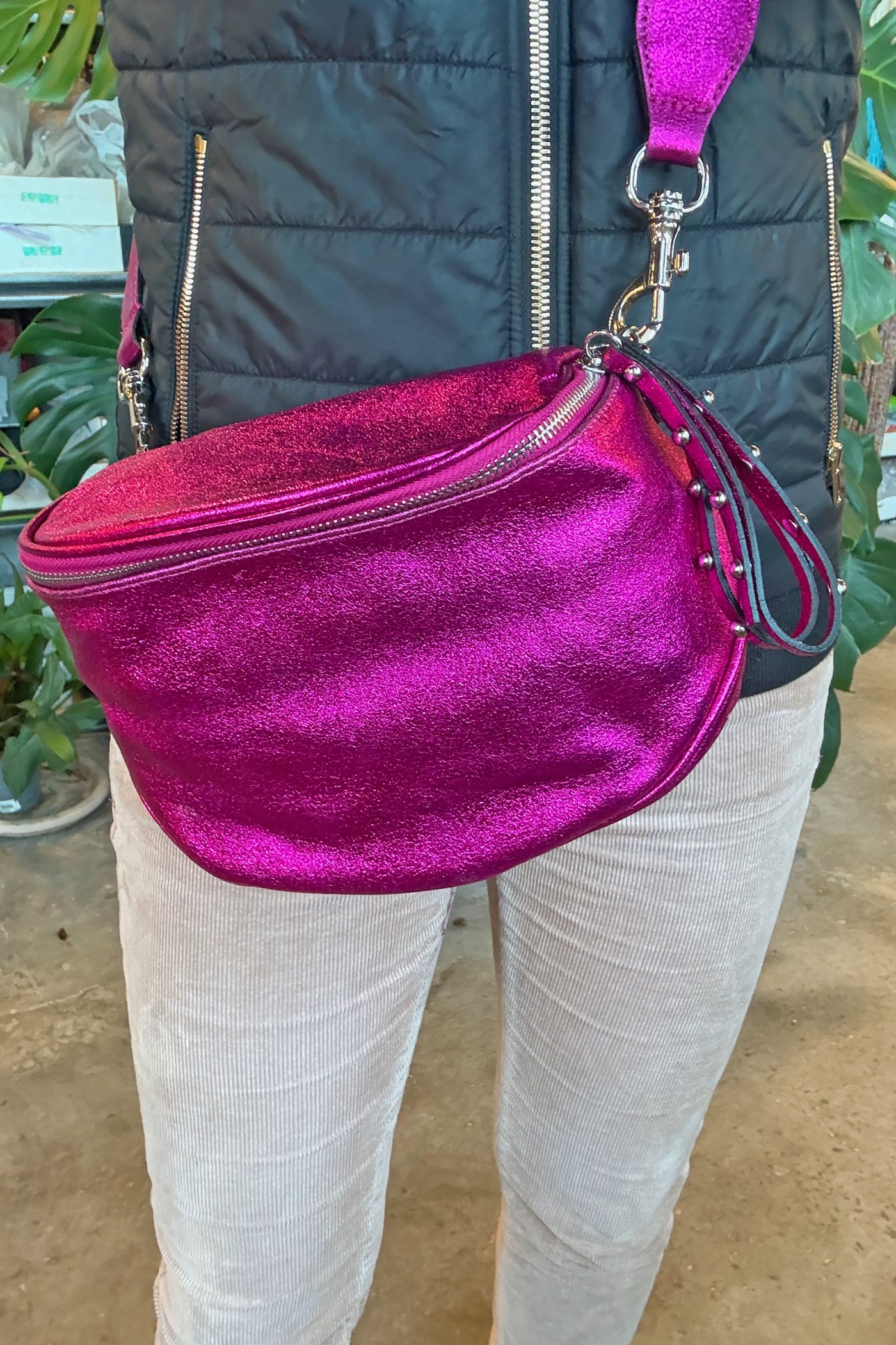 Metallic Fuchsia Crossbody Italian Leather Bum Bag, Genuine Leather