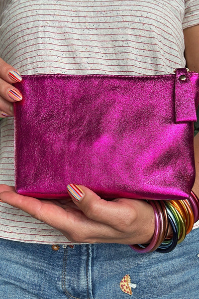 Metallic Italian Leather Zipper Pouch, Purse, 8" Soft Real Leather in Pink, Gold, Cosmetic Pouch