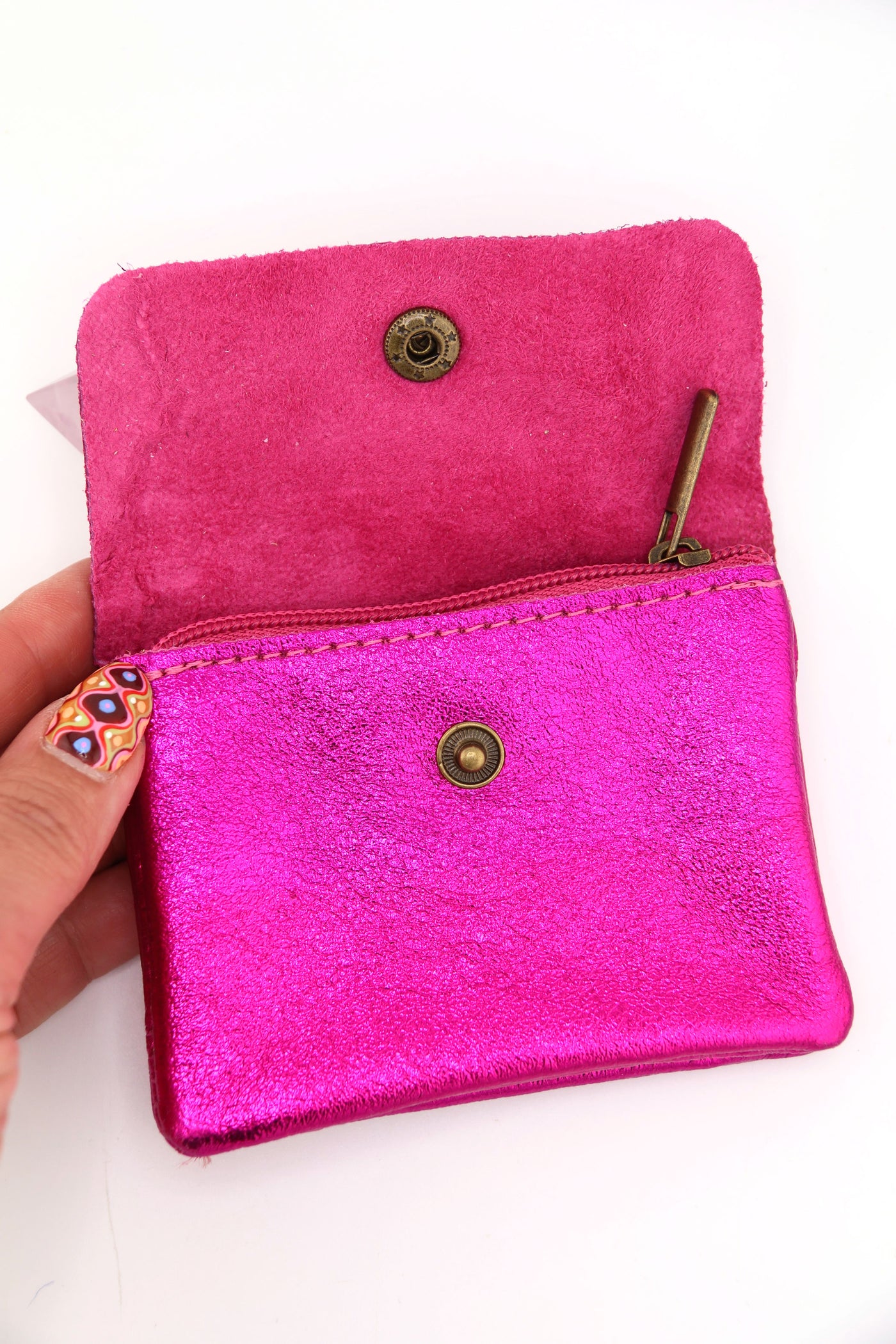 Metallic Italian Leather Coin Purse, 3 Compartments, Zipper Pocket. Soft Real Italian Leather