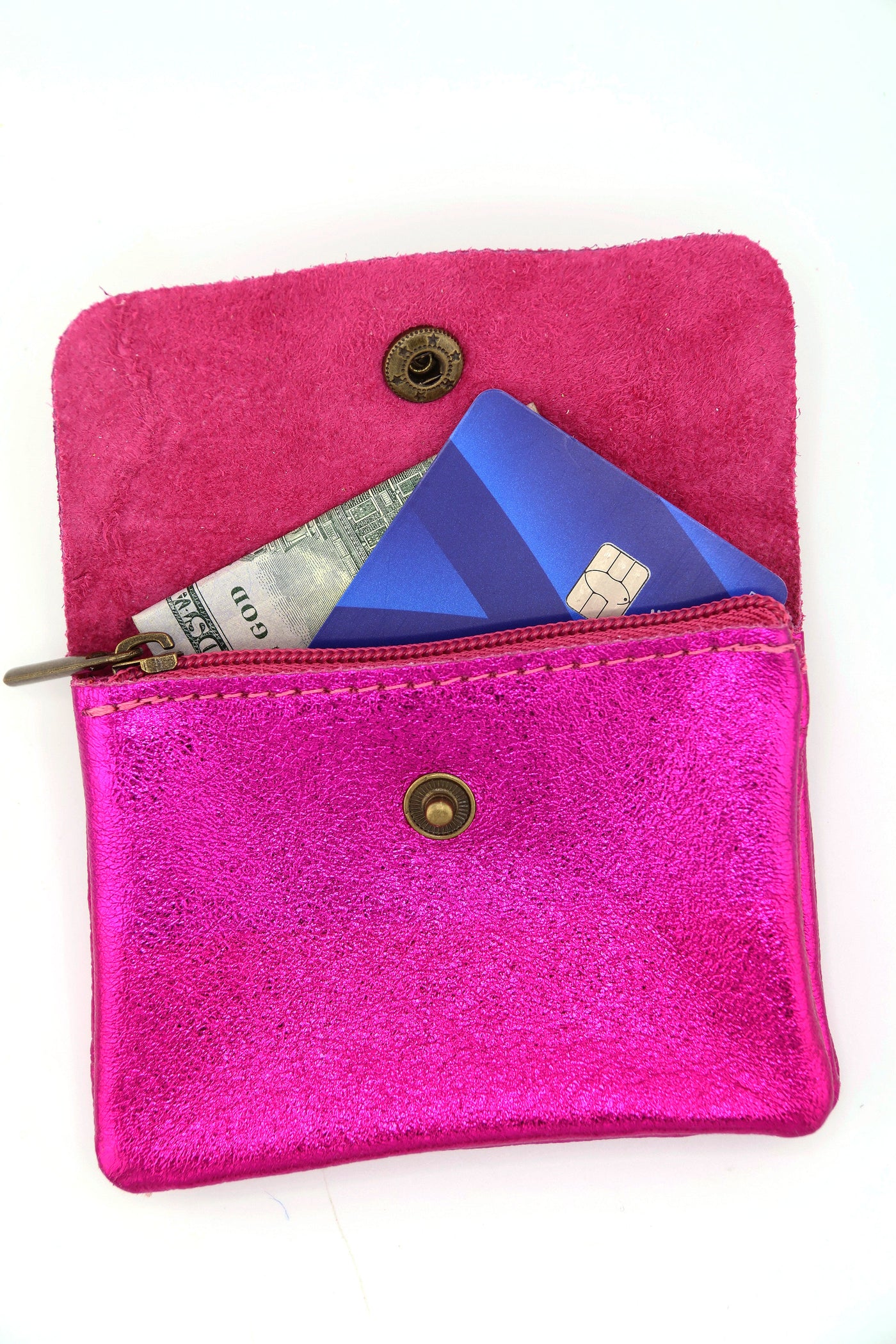 Metallic Italian Leather Coin Purse, 3 Compartments, Zipper Pocket. Soft Real Italian Leather 