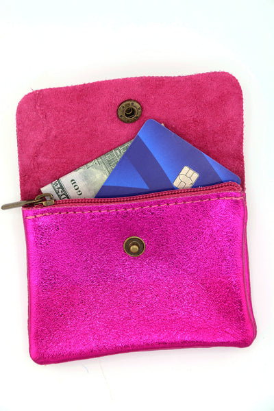 Metallic Italian Leather Coin Purse, 3 Compartments, Zipper Pocket. Soft Real Italian Leather 