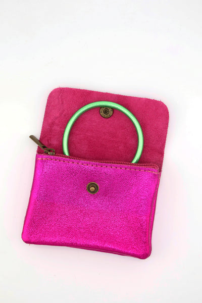 Metallic Italian Leather Coin Purse, 3 Compartments, Zipper Pocket. Soft Real Italian Leather 