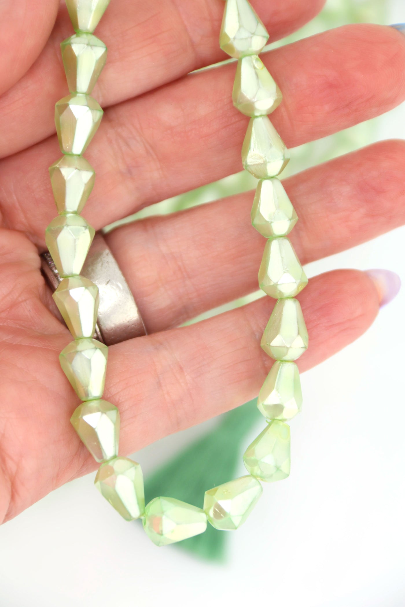 Metallic Mint Green Faceted Teardrop Vintage Czech Glass Beads, 8x10mm, pastel beads for Easter DIY