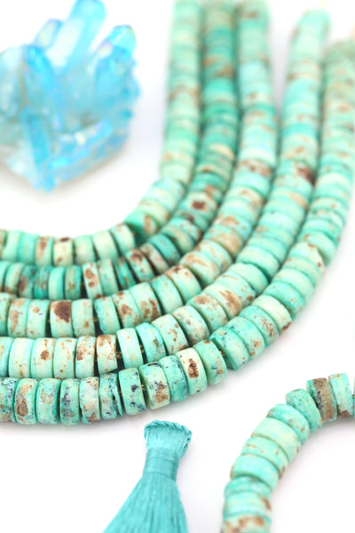 10mm Turquoise Speckled Disc Beads: Hand Carved Heishi Discs, 50 Beads, for DIY jewelry these mint disc beads are a versatile choice for fall-inspired designs. 