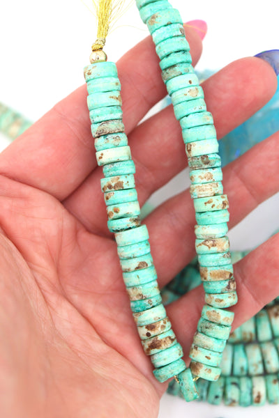 10mm Turquoise Speckled Disc Beads: Hand Carved Heishi Discs, 50 Beads, for DIY jewelry these mint disc beads are a versatile choice for fall-inspired designs. 