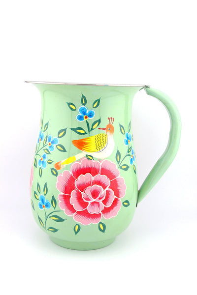 Floral Handpainted Stainless Steel Water Pitcher, Vase, from Kashmir
