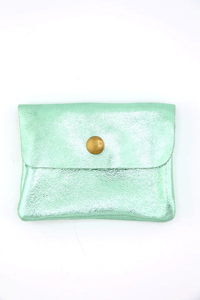 Mint Green Metallic Italian Leather Coin Purse, 3 Compartments, Zipper Pocket. Real Italian Leather 