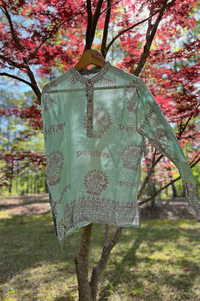 Green Om Shirt: Laid Back Boho, Wanderlust Style, Rayon Block Printed Hippie Shirt from India
