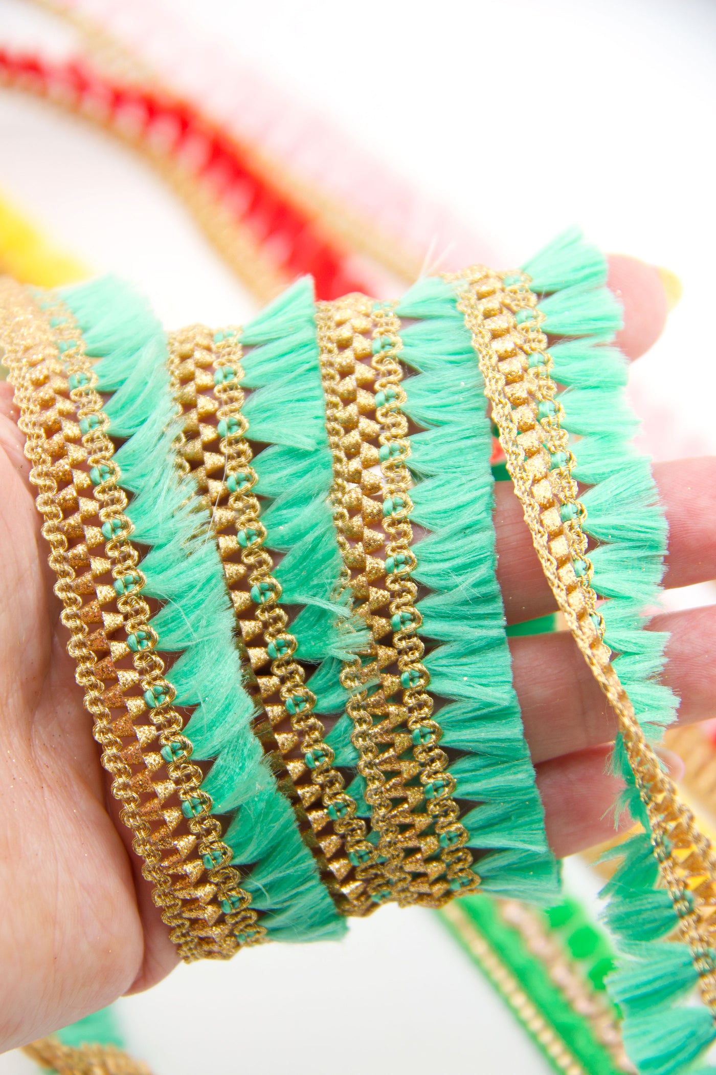Mint Skinny Indian Ribbon, Holiday Craft or Jewelry Supplies, Tassels and trim, all in one