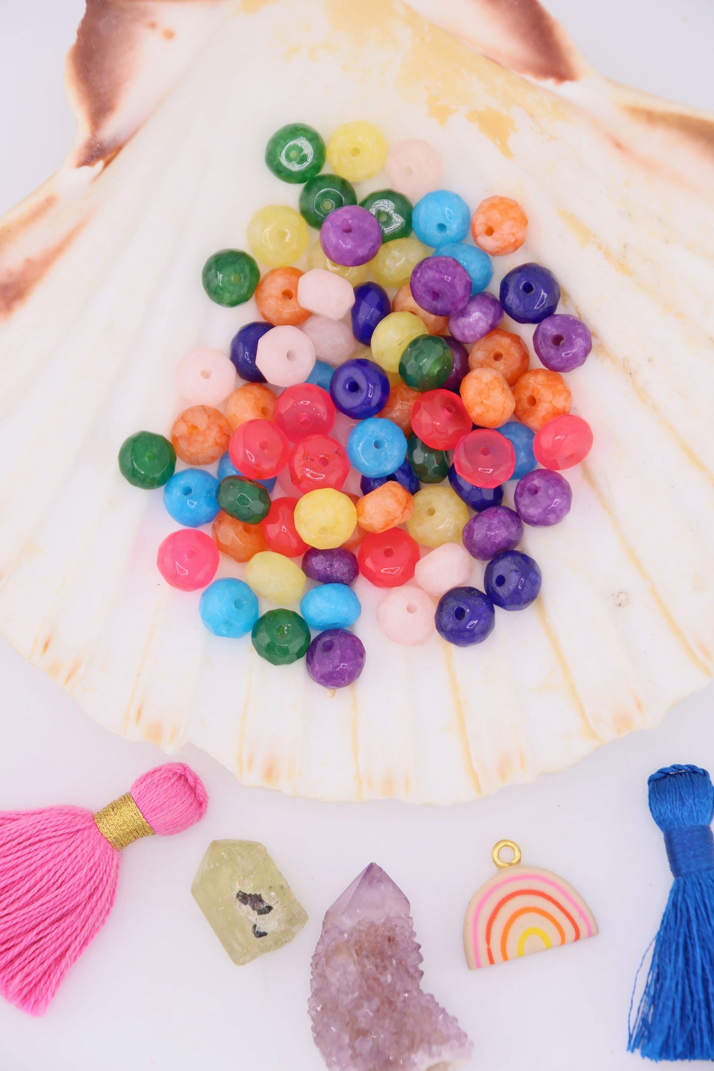 Colorful selection of beads in a large shell, for making DIY colorblock necklace