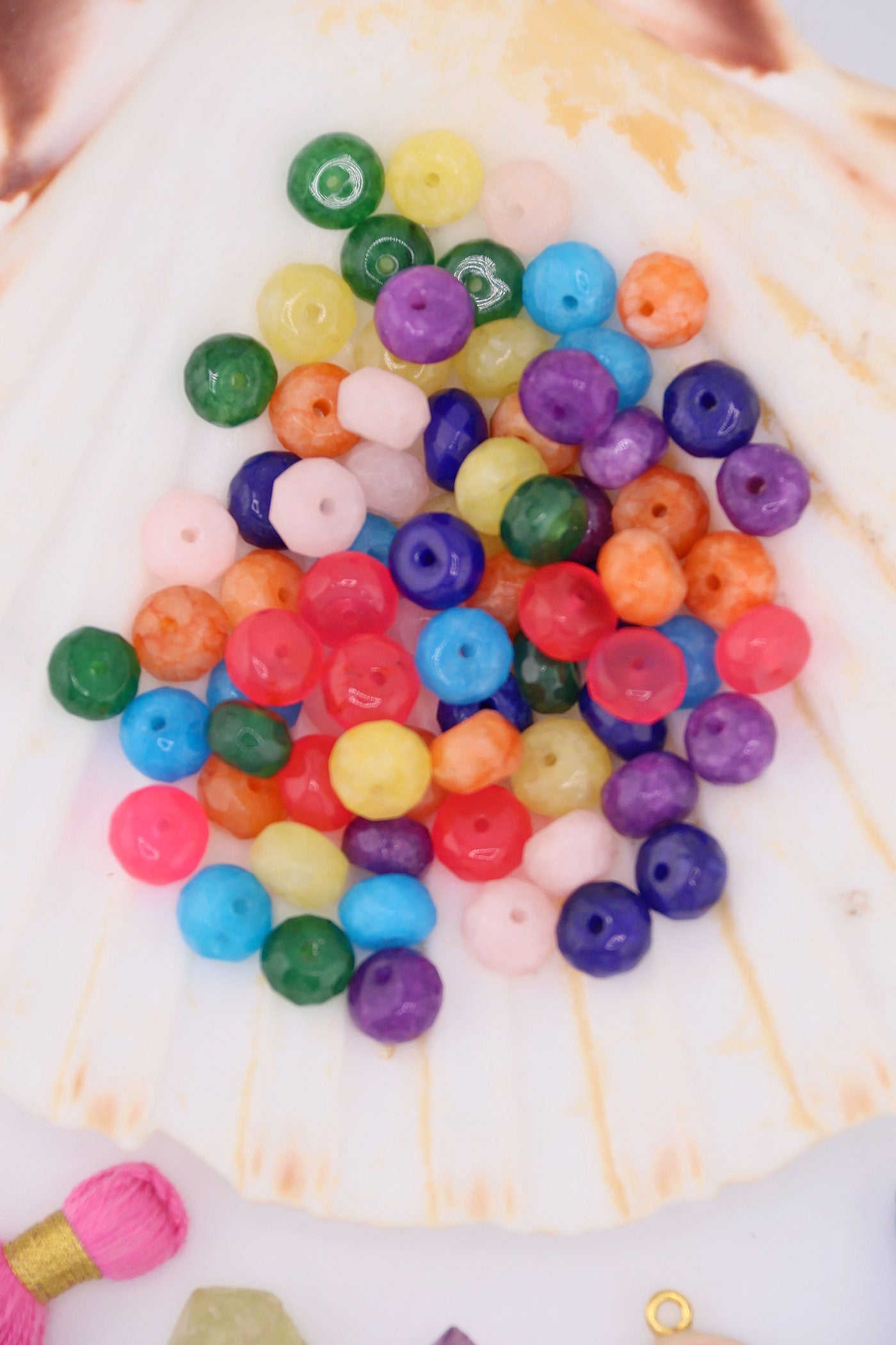 Colorful selection of beads in a large shell, for making DIY colorblock necklace
