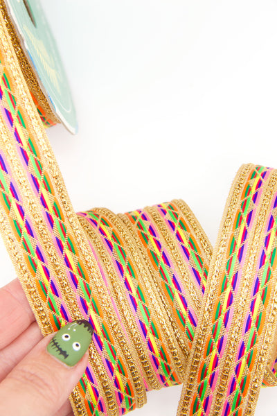 Geometric Metallic Rainbow Jacquard Woven Ribbon, 1" wide x 1 yard