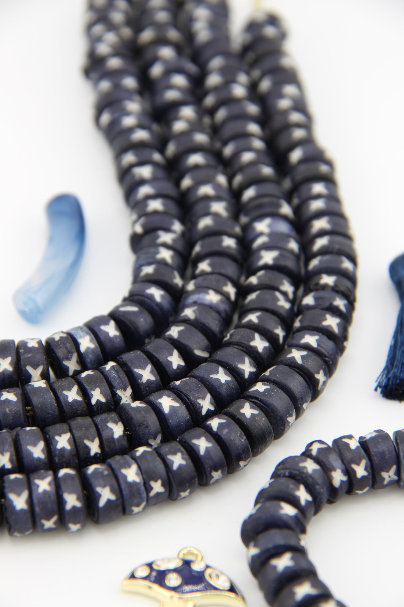 Indigo Blue & White Carved Tribal Disc Bone Beads: 10x5mm, 45 pieces Made in India, from buffalo bone (cruelty-free) that has been carved with a tribal "X"