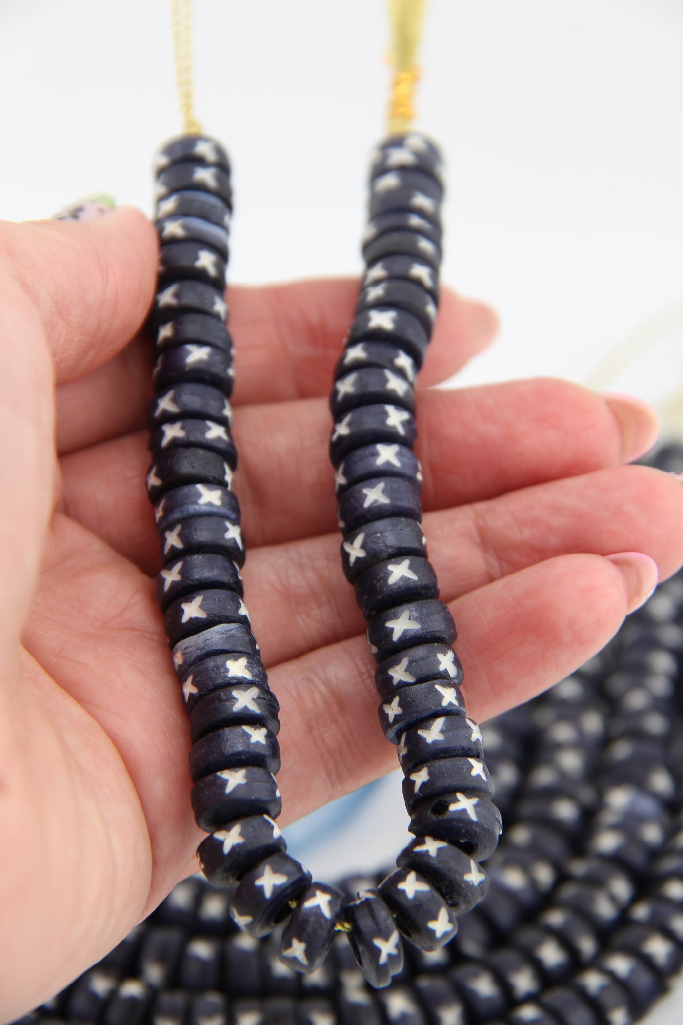 Indigo Blue & White Carved Tribal Disc Bone Beads: 10x5mm, 45 pieces Made in India, from buffalo bone (cruelty-free) that has been carved with a tribal "X"
