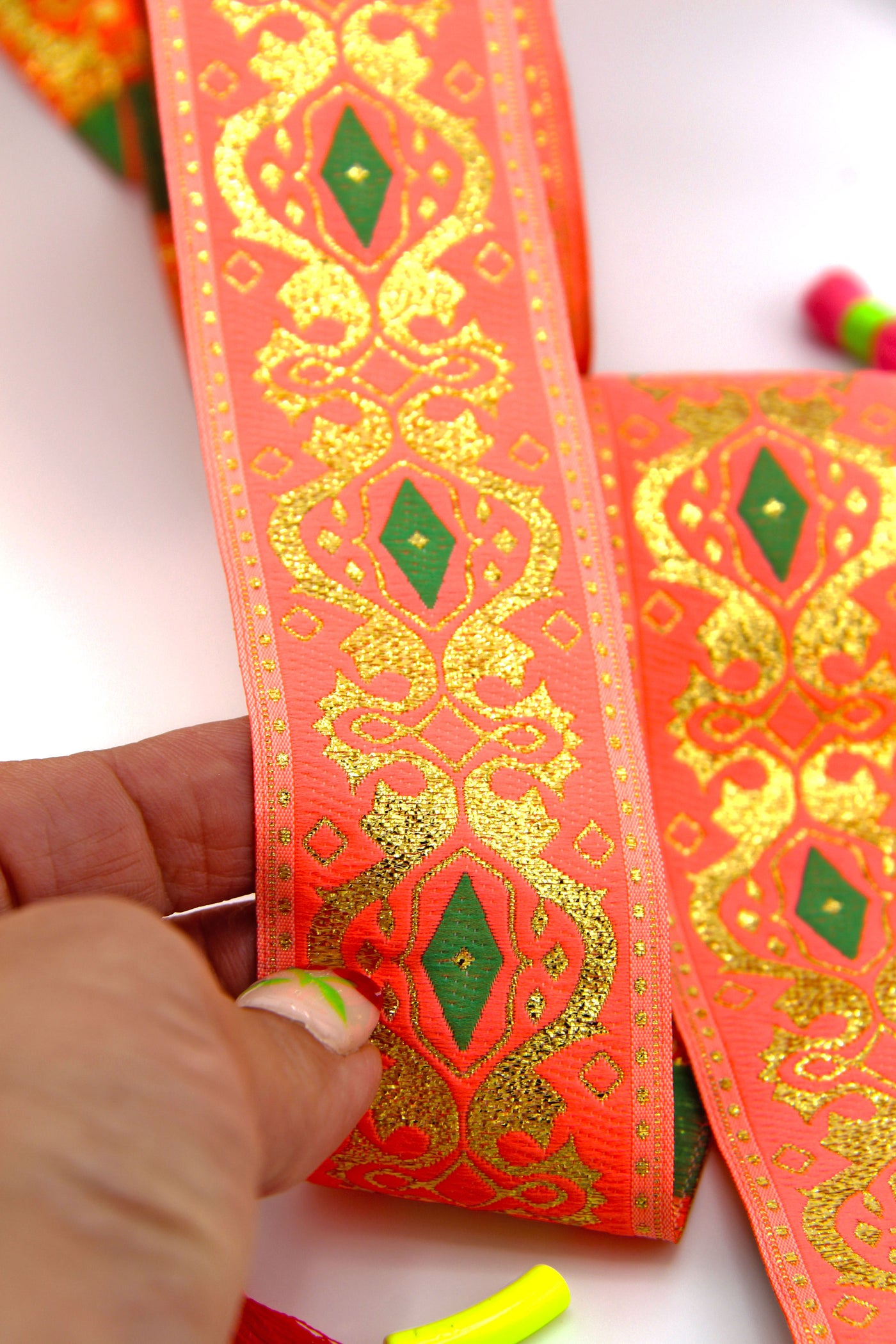 Neon Coral & Gold Ribbon: Jacquard Indian Sari Border/Trim for upcycling clothing