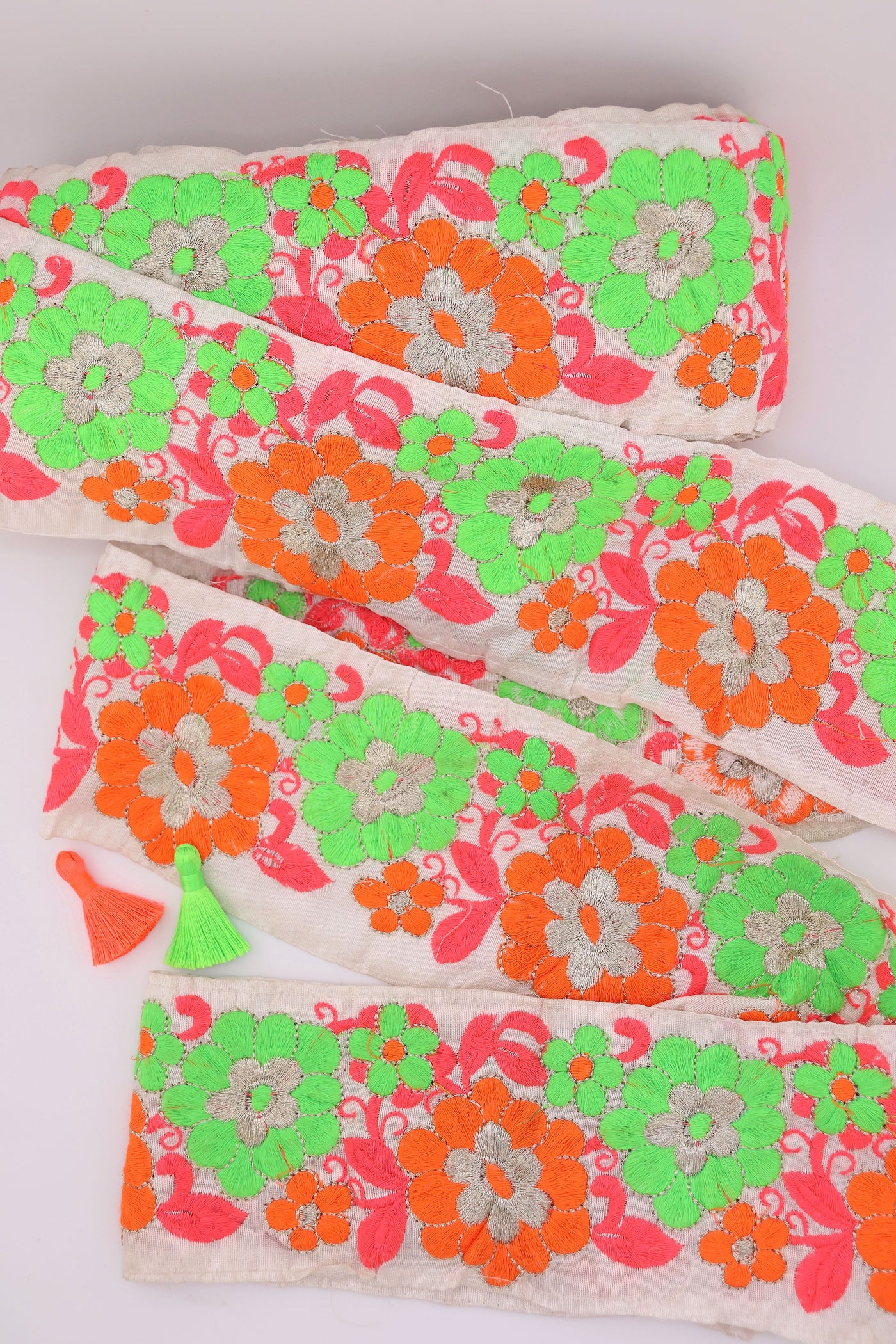 Neon Floral on White Embroidered Ribbon: 2 7/8" Trim by the yard. Great for sewing, crafting, embellishment, and DIY decor. Sold by the yard.