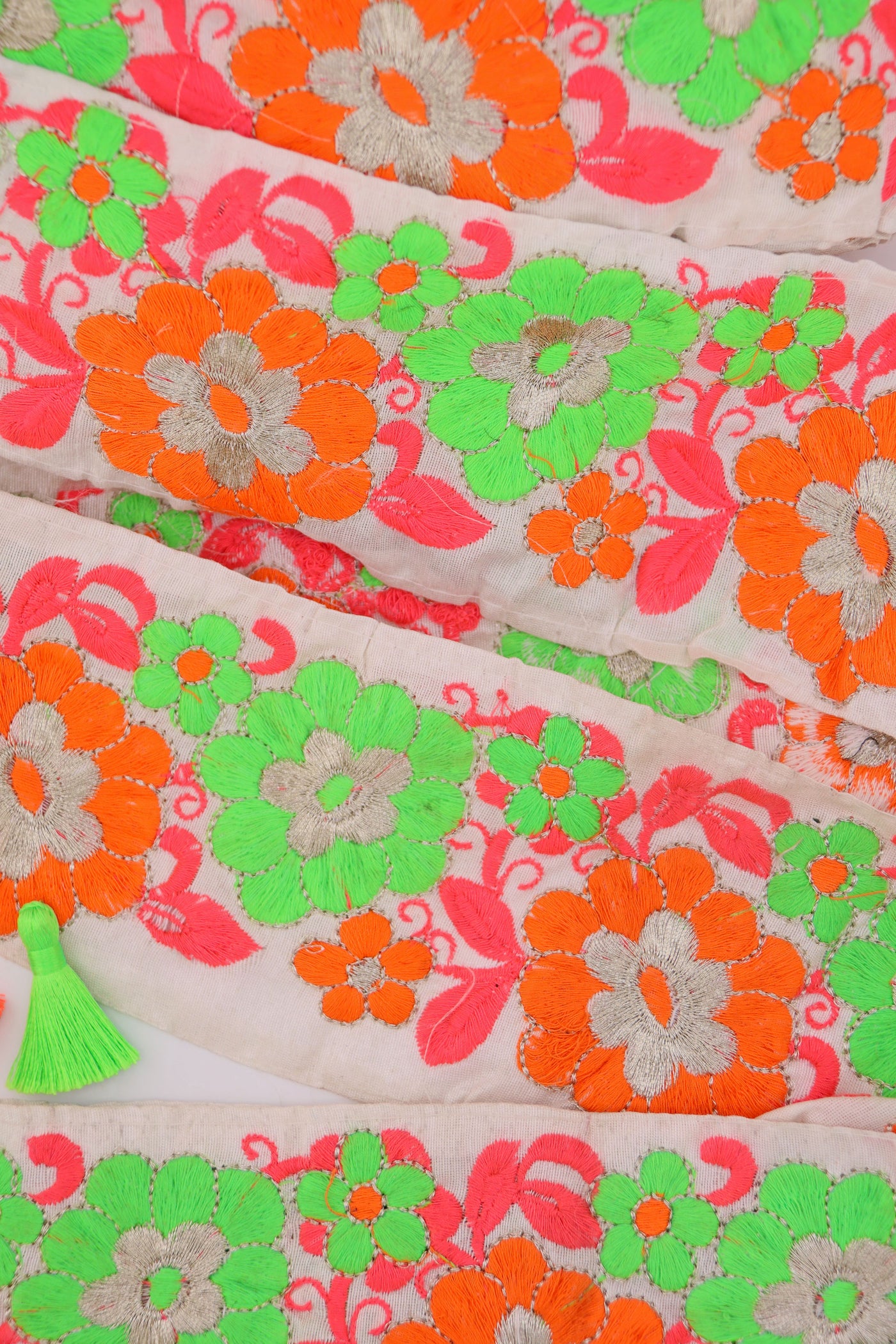 Neon Floral on White Embroidered Ribbon: 2 7/8" Trim by the yard. Great for sewing, crafting, embellishment, and DIY decor. Sold by the yard.