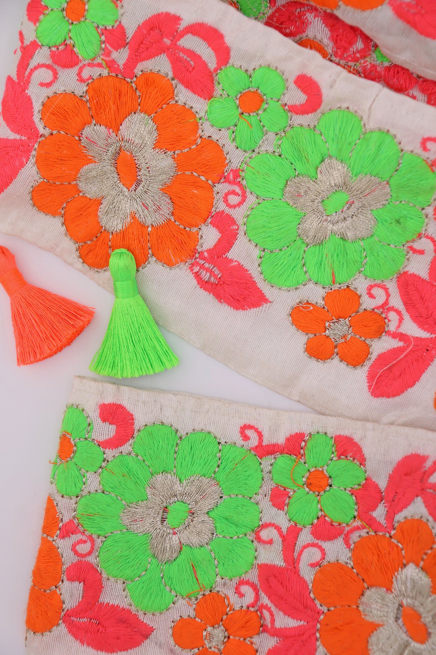 Neon Floral on White Embroidered Ribbon: 2 7/8" Trim by the yard. Great for sewing, crafting, embellishment, and DIY decor. Sold by the yard.