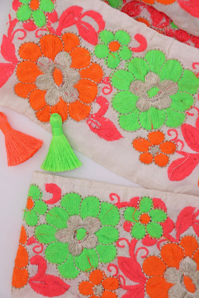 Neon Floral on White Embroidered Ribbon: 2 7/8" Trim by the yard. Great for sewing, crafting, embellishment, and DIY decor. Sold by the yard.