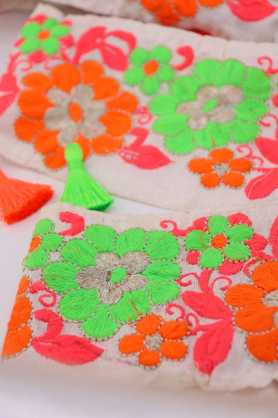 Neon Floral on White Embroidered Ribbon: 2 7/8" Trim by the yard. Great for sewing, crafting, embellishment, and DIY decor. Sold by the yard.