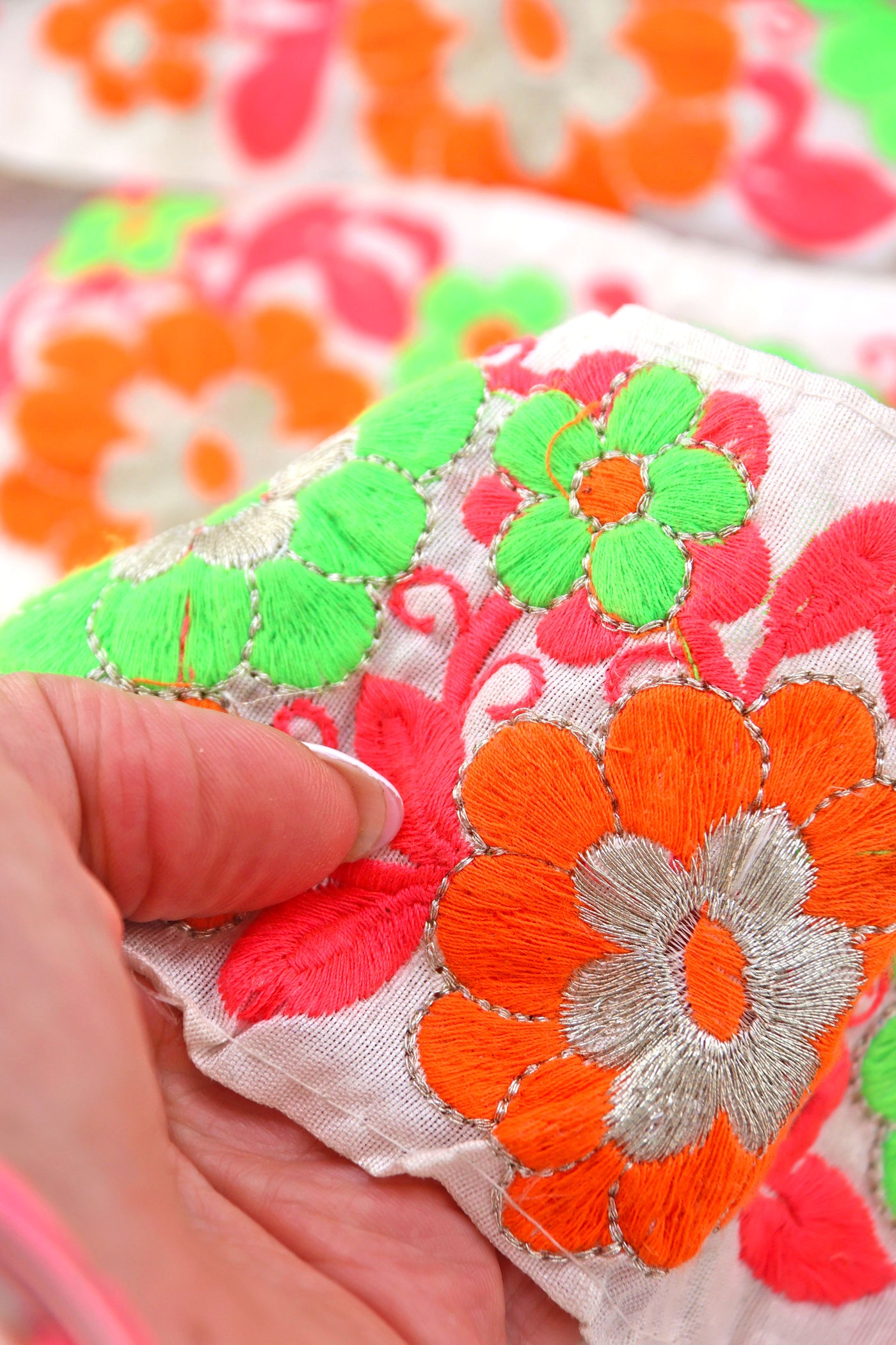 Neon Floral on White Embroidered Ribbon: 2 7/8" Trim by the yard. Great for sewing, crafting, embellishment, and DIY decor. Sold by the yard.