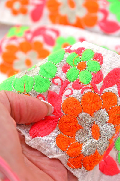 Neon Floral on White Embroidered Ribbon: 2 7/8" Trim by the yard. Great for sewing, crafting, embellishment, and DIY decor. Sold by the yard.