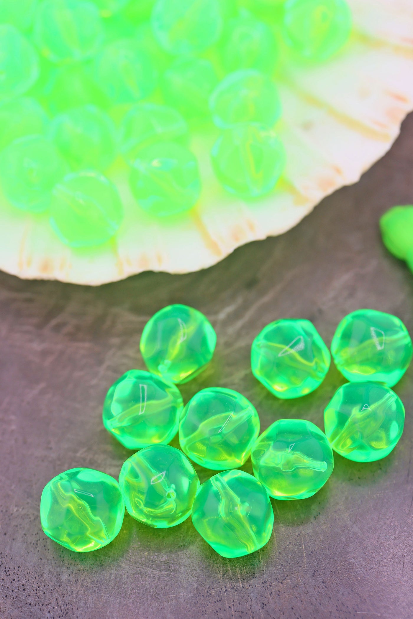 Neon Green German Resin Faceted Rock Round Beads, 12mm, 10 Beads