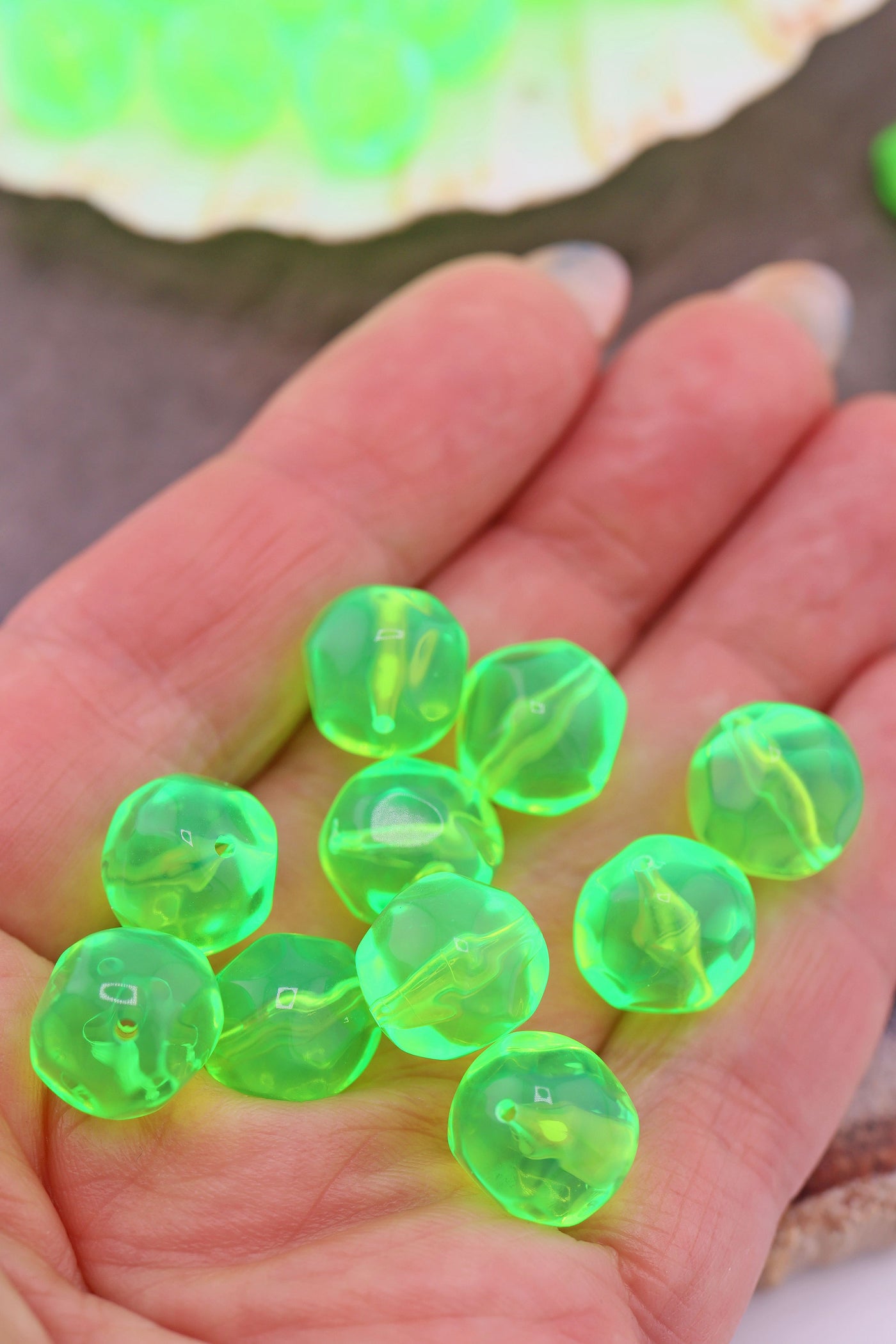 Neon Green German Resin Faceted Rock Round Beads, 12mm, 10 Beads