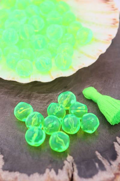 Neon Green German Resin Faceted Rock Round Beads, 12mm, 10 Beads