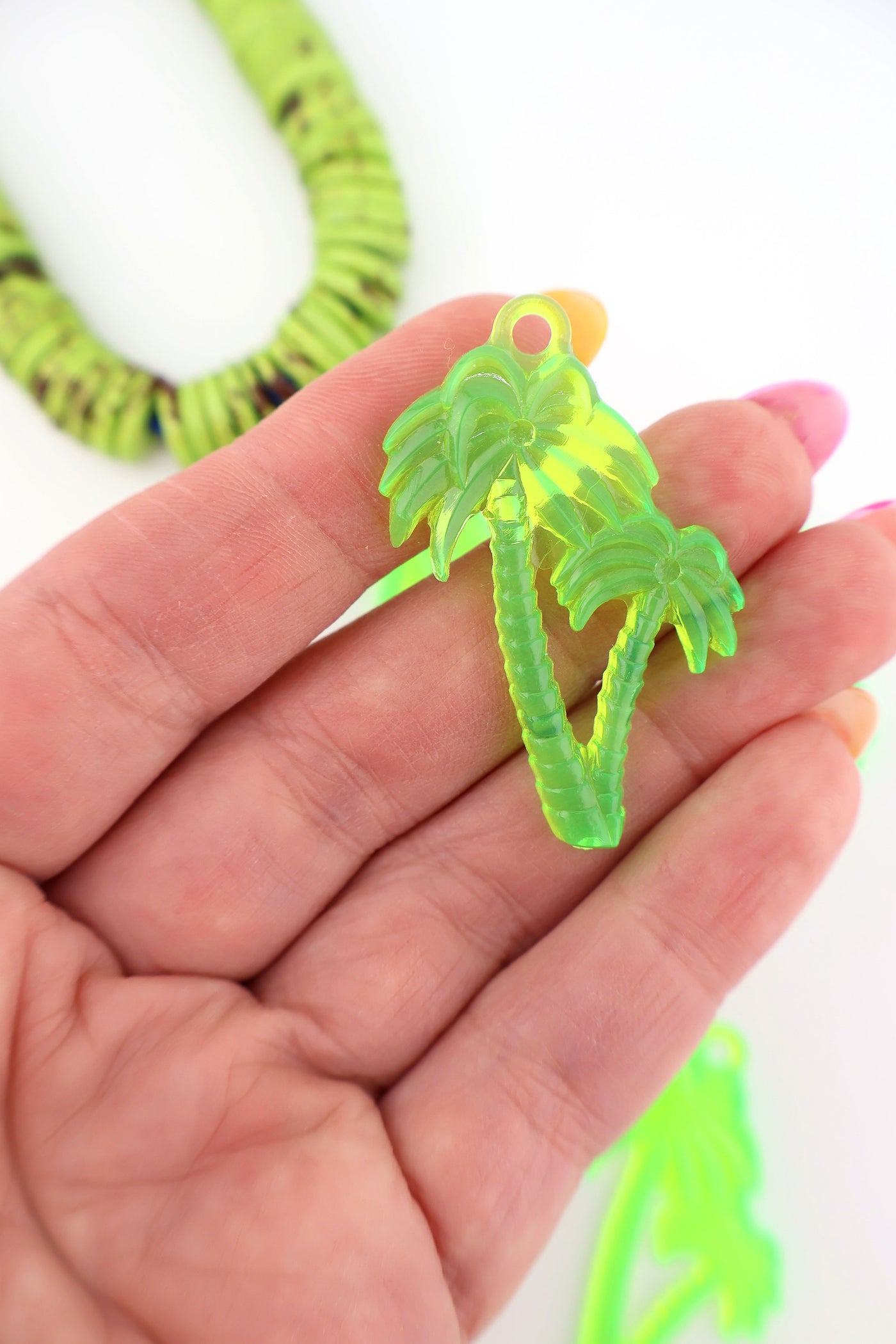 Neon Green Palm Tree Pendant, German Resin, 45mm, 1 UV Reactive Charm for DIY Jewelry