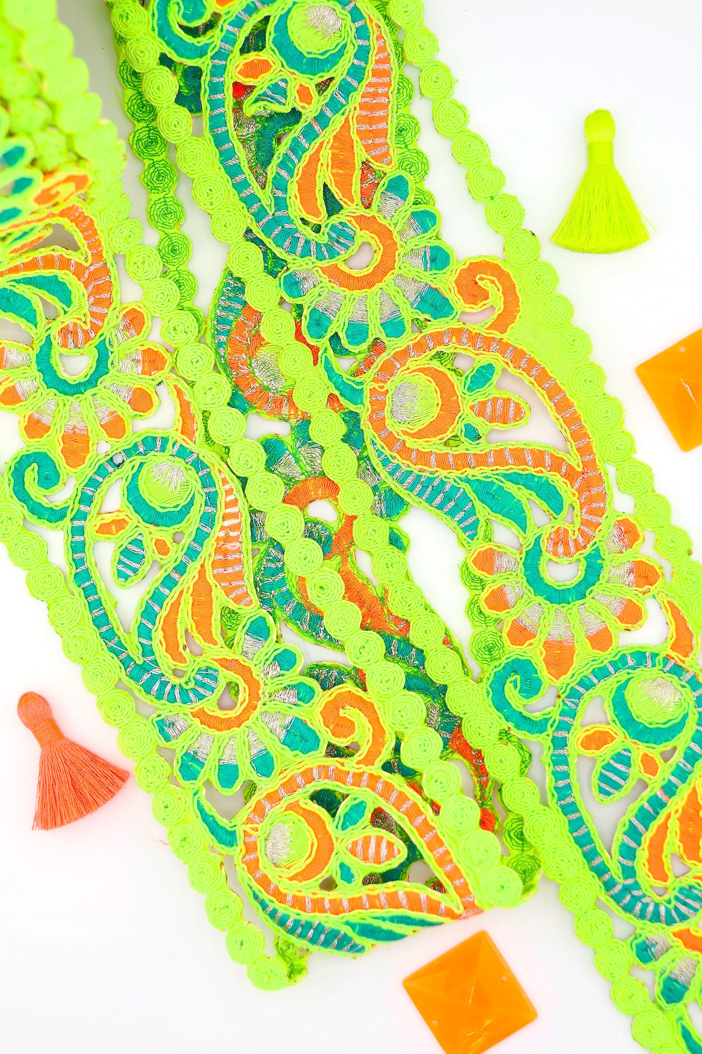 Neon Green, Orange Embroidered Paisley Macrame Lace Ribbon, Trim 2 7/8" wide. Great for sewing, decor, and vibrant DIY projects.