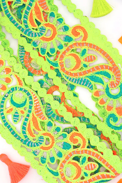 Neon Green, Orange Embroidered Paisley Macrame Lace Ribbon, Trim 2 7/8" wide. Great for sewing, decor, and vibrant DIY projects.