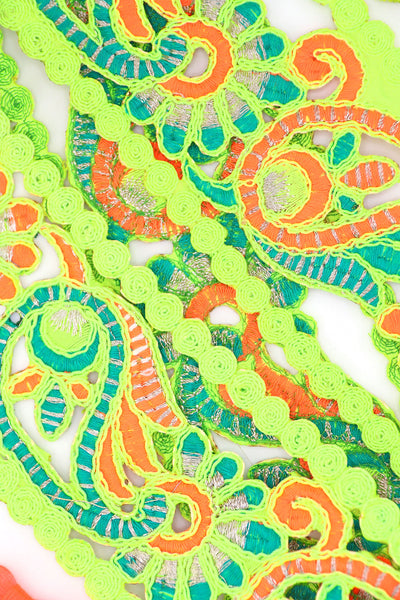 Neon Green, Orange Embroidered Paisley Macrame Lace Ribbon, Trim 2 7/8" wide. Great for sewing, decor, and vibrant DIY projects.