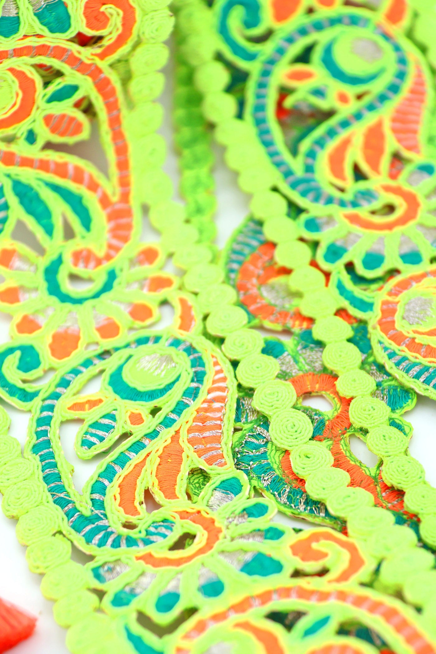 Neon Green, Orange Embroidered Paisley Macrame Lace Ribbon, Trim 2 7/8" wide. Great for sewing, decor, and vibrant DIY projects.