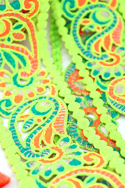 Neon Green, Orange Embroidered Paisley Macrame Lace Ribbon, Trim 2 7/8" wide. Great for sewing, decor, and vibrant DIY projects.