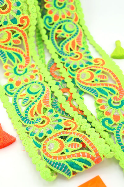 Neon Green, Orange Embroidered Paisley Macrame Lace Ribbon, Trim 2 7/8" wide. Great for sewing, decor, and vibrant DIY projects.