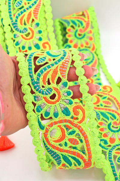 Neon Green, Orange Embroidered Paisley Macrame Lace Ribbon, Trim 2 7/8" wide. Great for sewing, decor, and vibrant DIY projects.