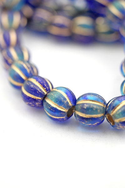 Sapphire & Sky Blue Czech Glass Melon Beads, 8mm, with Gold Wash for DIY Beach style jewelry