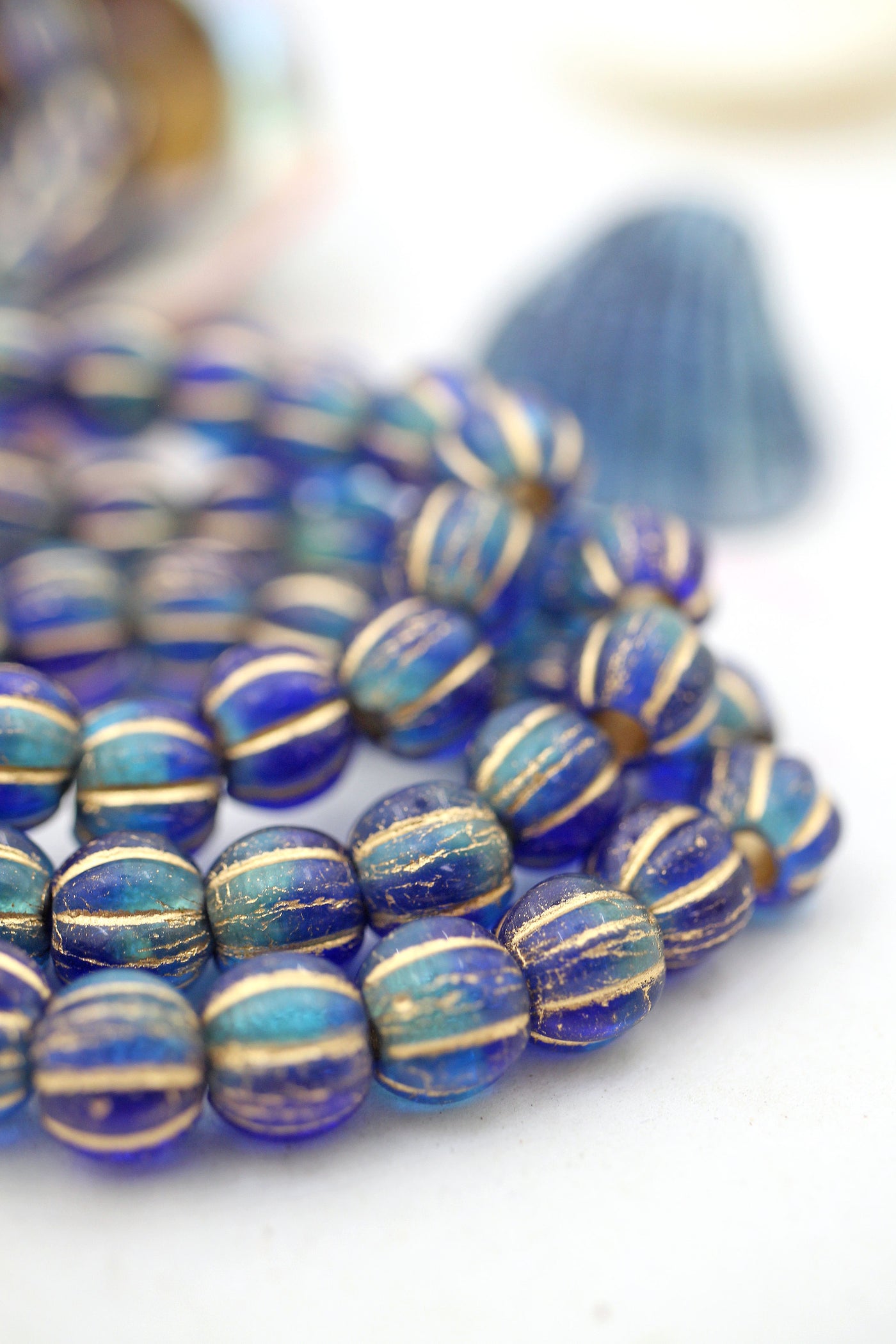 Sapphire & Sky Blue Czech Glass Melon Beads, 8mm, with Gold Wash