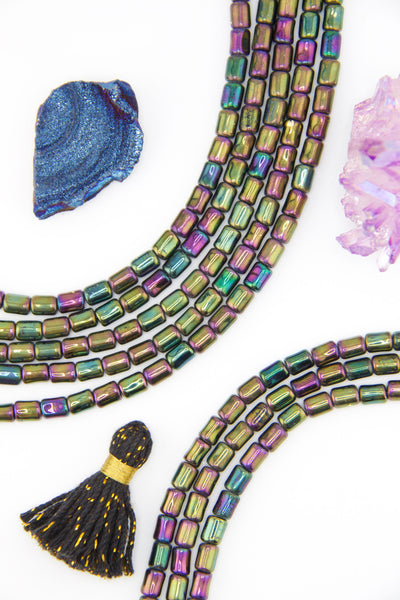 Oil Slick Czech Glass Tube Beads, 5x7mm Beads for DIY Friendship Bracelets, Easy DIYJewelry