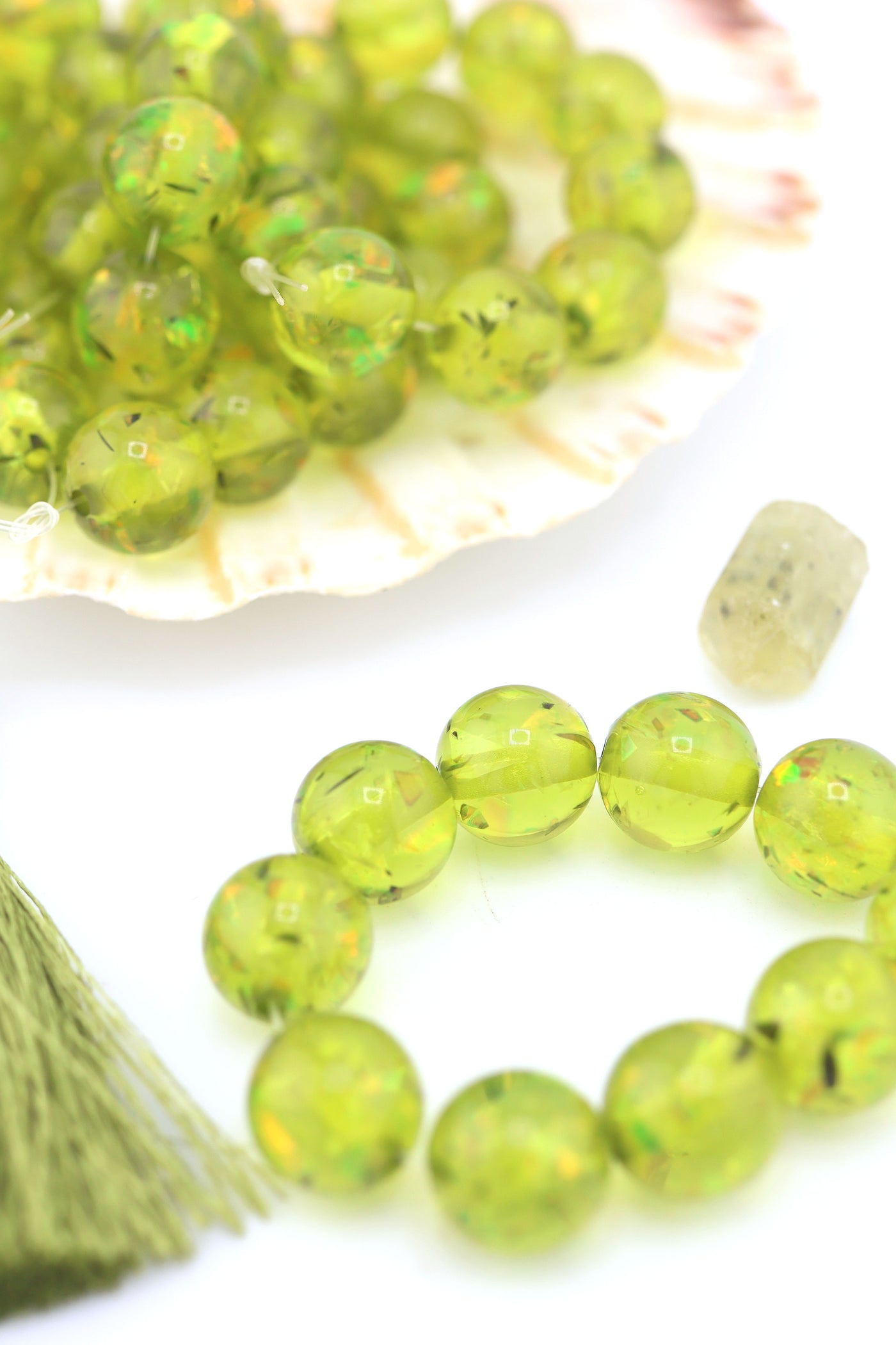 12mm Olive Green Glitter Confetti, Italian Poly Resin Round, 10 Beads