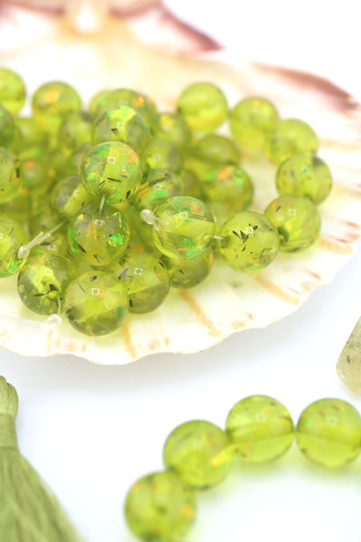 12mm Olive Green Glitter Confetti, Italian Poly Resin Round, 10 Beads