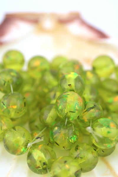 12mm Olive Green Glitter Confetti, Italian Poly Resin Round, 10 Beads