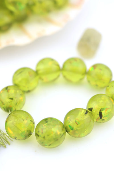 12mm Olive Green Glitter Confetti, Italian Poly Resin Round, 10 Beads