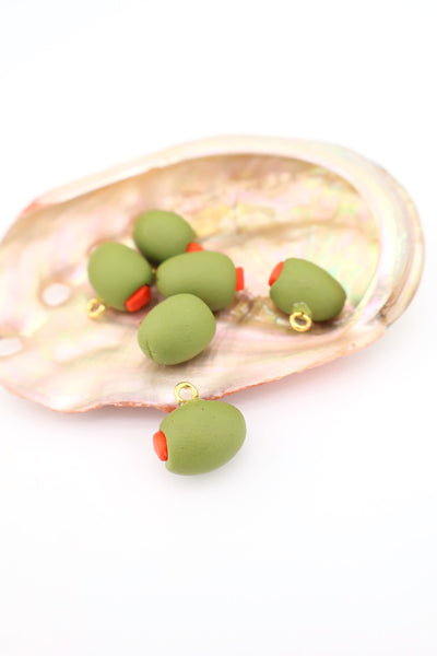 Olive Charm, Artisan-Made Polymer Clay Pendant, 14mm, 1 pc. for making food inspired charm necklaces