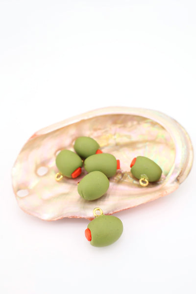 Olive Charm, Artisan-Made Polymer Clay Pendant, 14mm, 1 pc. for making food inspired charm necklaces