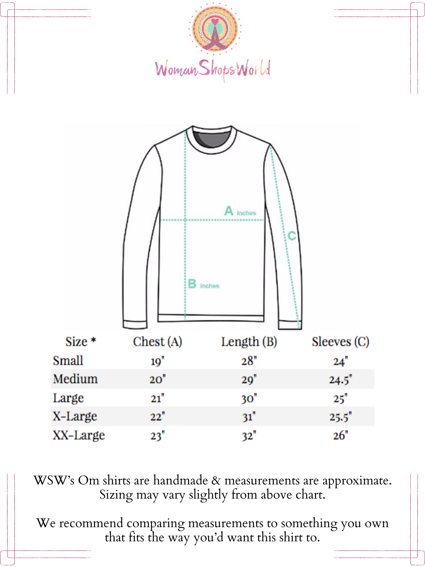 Sizing Chart for Om Shirt:  Wanderlust Style, Rayon Block Printed Hippie Shirt from India